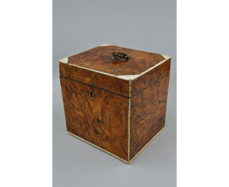 A GEORGE III BURR YEW, IVORY AND FAUX IVORY TEA CADDY, of rectangular form, the hinged cover with small handle and ivory inla