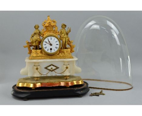 A LATE 19TH CENTURY GILT METAL AND ALABASTER FIGURAL MANTEL CLOCK, building design surmount with sheaf of wheat and sickle, t