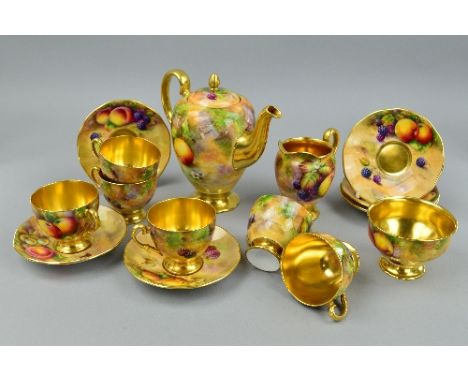 A 20TH CENTURY BONE CHINA COFFEE SERVICE PAINTED BY AND MARKED FOR F.R. BUDD (ROYAL WORCESTER ARTIST), comprising coffee pot,