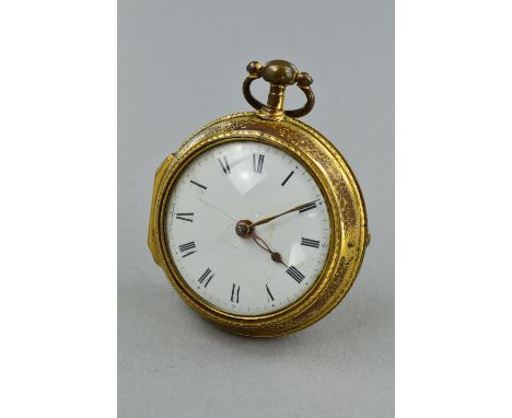 A BRASS PAIR CASED VERGE FUSEE POCKET WATCH, with enamel dial and non-matching hands and plain glass, outer case missing the 