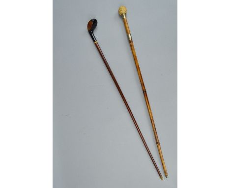 A LATE 19TH CENTURY WALKING CANE WITH GOLF CLUB HANDLE, inlaid decoration, length approximately 88cm, together with a late Vi