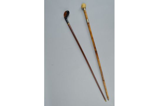A Late 19th Century Walking Cane With Golf Club Handle Inlaid