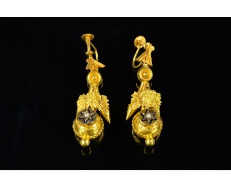 A PAIR OF VICTORIAN GOLD DROP EARRINGS, each comprised of gold repousse foliate design, suspending a dainty split pearl and b