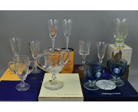 A COLLECTION OF BOXED LIMITED EDITION ROYAL COMMEMORATIVE GLASSWARE, including Wedgwood Royal Silver Wedding goblets, 393/500