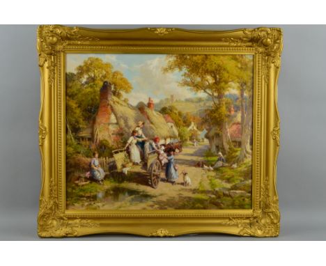 JOHN R. TOWNSEND (BRITISH 1930-2013), Village scene of children with a horse and cart by thatched cottages, church on a hill 