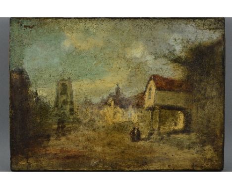 19TH CENTURY BRITISH SCHOOL, 'THE WEST GATE....', town scene with figures, oil on canvas in need of restoration, possibly sig