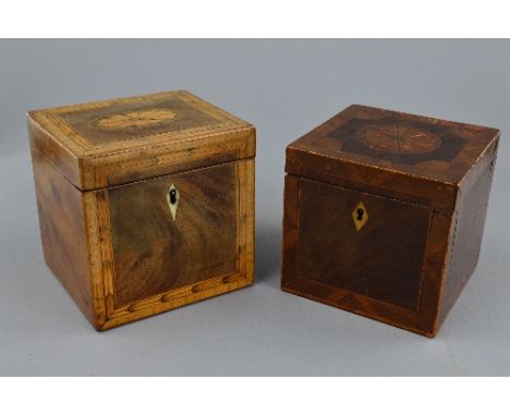 A GEORGE III MAHOGANY AND INLAID RECTANGULAR TEA CADDY, oval patera to the hinged lid, lozenge ivory escutcheon, height 12cm 
