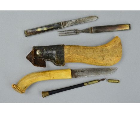 AN INUIT TYPE HUNTING KNIFE, bone grip and scabbard with leather band, the scabbard decorated with a reindeer's head, length 