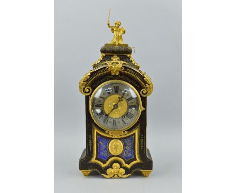 A 19TH CENTURY FRENCH BOULLE MARQUETRY AND ORMOLU MOUNTED BRACKET CLOCK, in need of restoration, seated putti surmount, silve