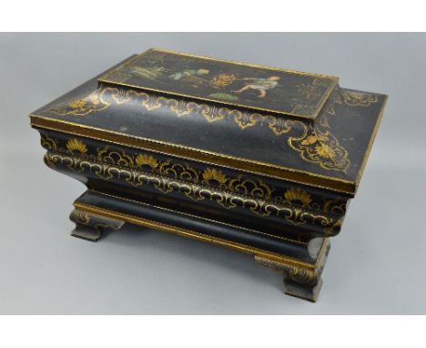 A 19TH CENTURY BLACK LACQUERED, GILT AND PAINTED CHEST OF SARCOPHAGUS FORM, the hinged lid painted to the rectangular panel w