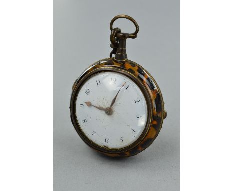 A BRASS AND GILT PAIR CASED VERGE POCKET WATCH, with fusee, diamond end stone to balance cock, white enamel dial with Arabic 