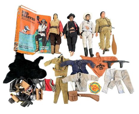 Four 1973 Gabriel Ind / Marx Lone Ranger action figures, itogether with an original box and a quantity of clothing and access