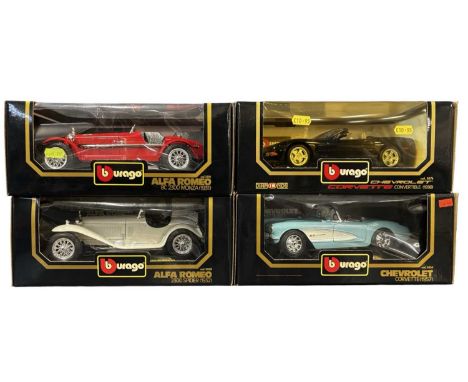 Four boxed Bburago 1:18 scale models, to include:Alfa Romeo 1932 2300 SpiderAlfa Romeo 1931 8C 2300 MonzaChevrolet 1998 Corve
