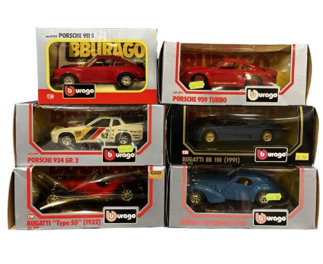 Six boxed Bburago 1:24 scale models, to include:Porsche 911SPorsche 959 TurboPorsche 924 GR.2Bugatti 1932 Type 55Bugatti 1936
