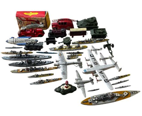 A collection of various die-cast toys, to include: - Dinky aeroplanes - German-made battle ships - DInky military, locomotive