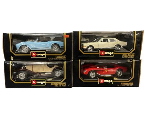 Four boxed Bburago 1:18 scale models, to include:Mercedes 1928 Benz SSKLancia 1955 Aurelia B25 SpiderRolls Royce Camargue Fer