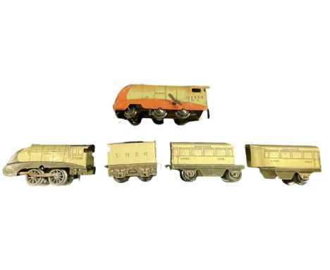 A pair of tinplate Mettoy/Wells Brimtoy clockwork 0 gauge locomotives, one including coal wagon and 2 coaches