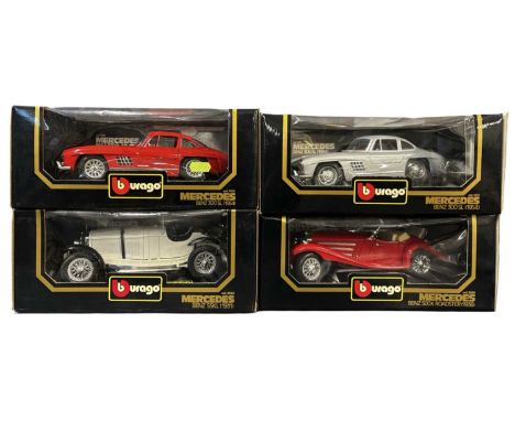 Four boxed Bburago 1:18 scale Mercedes models, to include:1954 Benz 300sl in red1954 Benz 30sl in silver1931 SSKL1936 Benz 50
