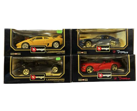 Four boxed Bburago 1:18 scale models, to include:Lamborghini 1990 DiaboloLamborghini 1988 CountachDodge Viper 1996 GTS CoupeD