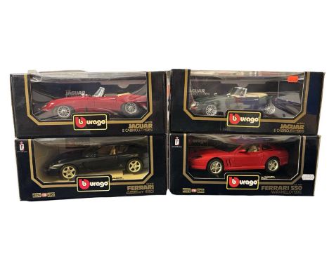 Four boxed Bburago 1:18 scale Jaguar / Ferrari models