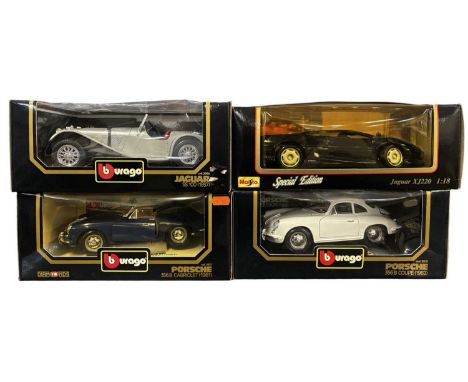 Four boxed Bburago 1:18 scale models, to include:Porsche 1961 356 B CabriolePorsche 1962 355 CoupeJaguar 1937 SS 100Jaguar XJ