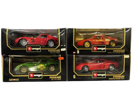 Four boxed Bburago 1:18 scale Ferrari models, to include:- 1962 250 GTO in red - 1962 250 GTO in green- 1984 Testarossa - 199