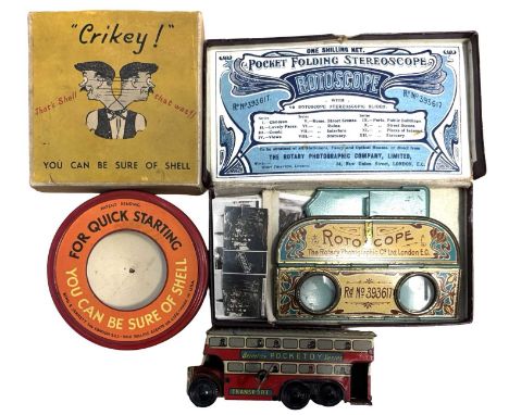 Three vintage tinplate toys, to include: - A Wells Brimtoy clockwork bus - A Pocket Rotoscope in original box with photograph