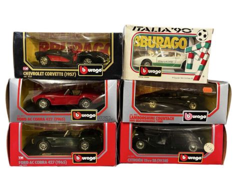 Six boxed Bburago 1:24 scale models, to include:Chevrolet Corvette 1957Ford AC Cobra 427 1965 x2Citroen 15cv TA 1938Lamborghi