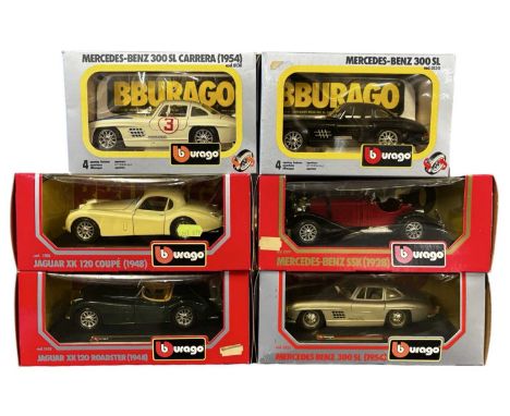 Six boxed Bburago 1:24 scale models, to include:Jaguar 1948 XK 120 CoupeJaguar 1948 XK 120 RoadsterMercedes-Benz 1955 300SL C