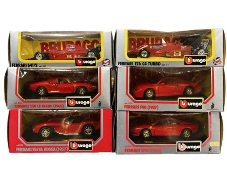Six boxed Bburago 1:24 scale Ferrari models, to include:1987 F401984 GTO1957 Testarosa1965 250 Le Mans126 C4 Turbo641/2