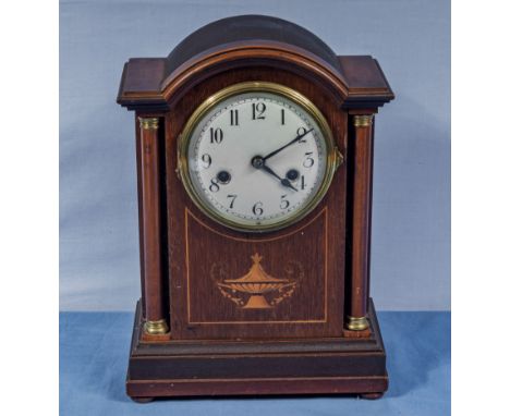 Edwardian inlaid mahogany mantle clock with column sides, springs are good