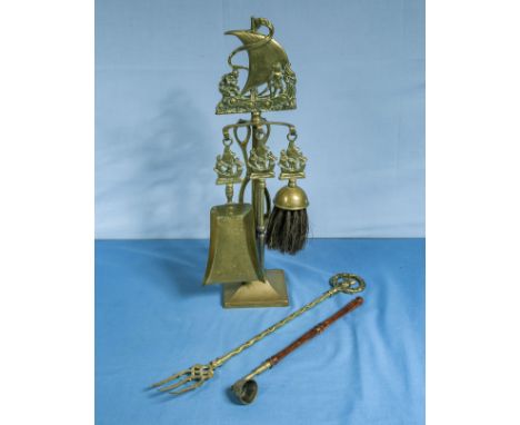 Vintage brass fire tidy with candle snuffer and toasting fork