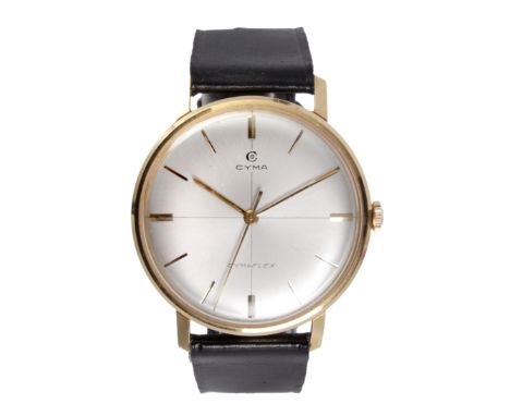 Cyma Cymaflex. Reloj de pulsera de caballero circa 1960-1969. Caja en acero con plaqué de oro, esfera plateada con numeración