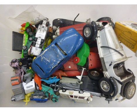 Group of vintage diecast and metal vehicles to include Chad Valley Harborne in blue, Burago, Matchbox etc