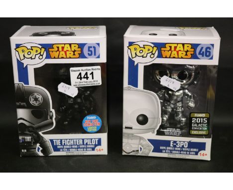 Two boxed Pop Funko Star Wars figures both Convention ltd edns to include 51 Tie Fighter Pilot and 46 E-3PO