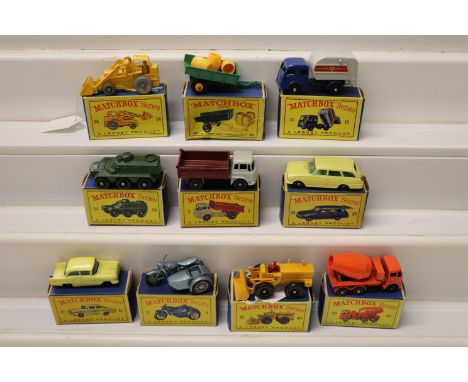 10 Boxed Matchbox 75 Series models to include 15 Refuse Truck, 4 Triumph Motorcycle and Sidecar, 54 Saracen Carrier, 3 Bedfor