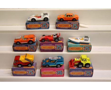 Eight boxed Matchbox 75 Series Superfast models to include 37 Skip Truck in red, 45 BMW 30 CSL in orange, 5 Seafire, 36 Formu