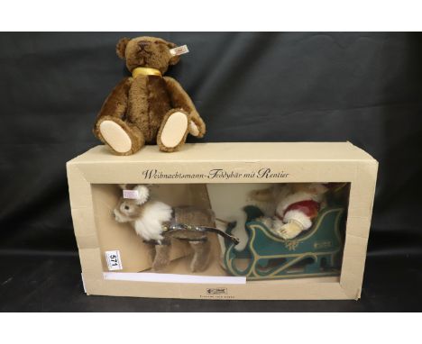 Boxed Steiff bear with certificate, Father Christmas Teddy Bear with Reindeer 670565, bear gd, box slight damage. Sold with S