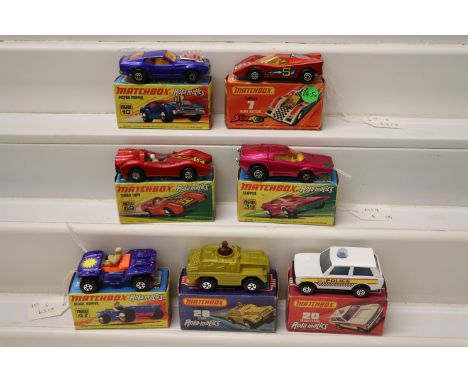 Seven boxed Matchbox 75 Series models to include Rolamatics x 6 (69 Turbo Fury in red, 10 Piston Popper in metallic blue, 20 