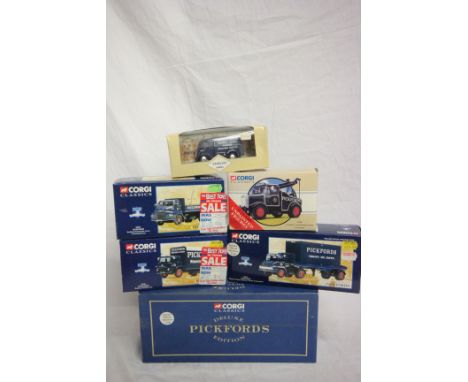 Six Boxed Corgi Classics Diecast vehicles to include; 99802 morris J van, 97368 Scammell Highwayman Crane Pickfords, 1:50 sca