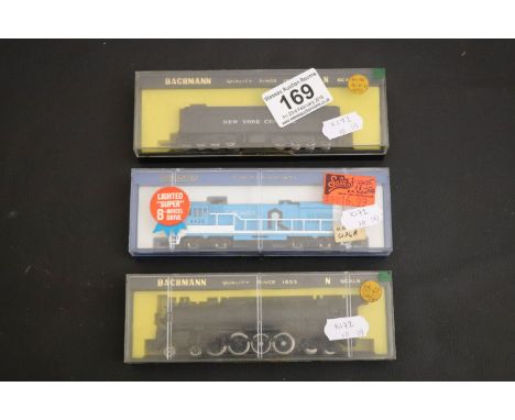 Two cased Bachmann N gauge engines to include 4681 GE U36 Diesel Rock Island and New York Central 6098 locomotive plus corres