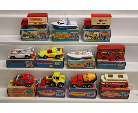 11 Boxed Matchbox Superfast 75 Series models to include 58 Woosh n Push in yellow, 56 Hi-Tailer in white, 17 The Londoner, 5 