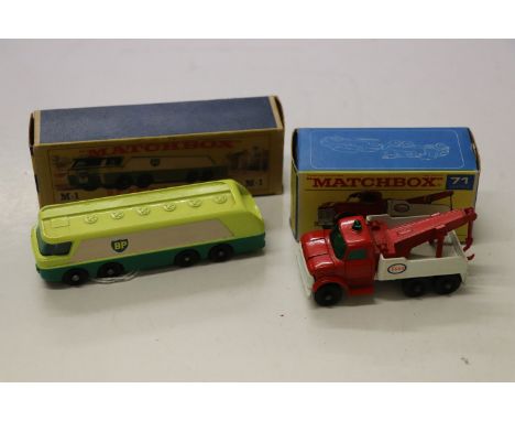 Boxed Matchbox M1 BP Petrol Tanker plus a boxed Matchbox 71 ESSO Wreck Truck, both excellent with gd boxes