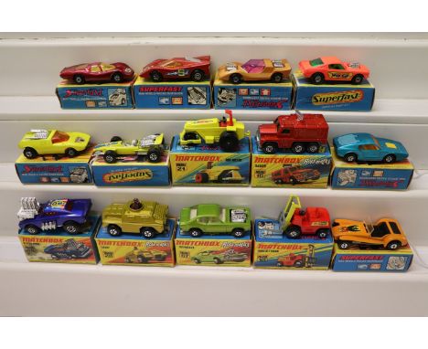 14 boxed Matchbox Superfast diecast vehicles to include number 60 Lotus Super Seven in orange, 1 Mod Rod, 8 Wildcat Dragster 