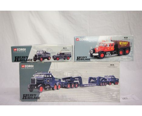 Three Boxed Corgi Classics Heavy Haulage Diecast vehicles 1:50 scale to include; 17903 Wynns Scammell Contractor Ltd edition,