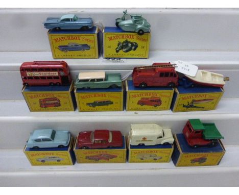 10 Boxed Matchbox 75 Series models to include 57 Chevrolet Impala in metallic blue, 2 Muir Hill Dumper, 7 Ford Anglia in pale