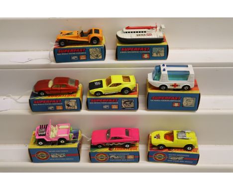 Eight boxed Matchbox Superfast 75 series diecast vehicles to include 70 Dragster in pink, 2 Jeep Hot Rod in pink, Citroen SM 