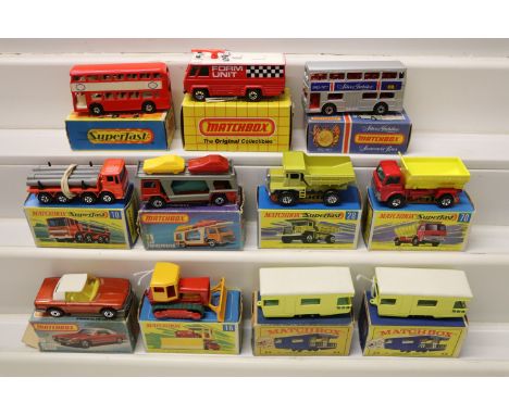 11 Boxed Matchbox diecast models to include Superfast x 6 (28 Mack Dump Truck, 74 Daimler Bus, 10 Pipe Truck with four pipes,