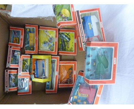 Fourteen 1970's Boxed Britains Farm Implements - Trailer 9550, Hay Baler 9556, Plough 9546, Gang Roller 9554, High Sided Tipp