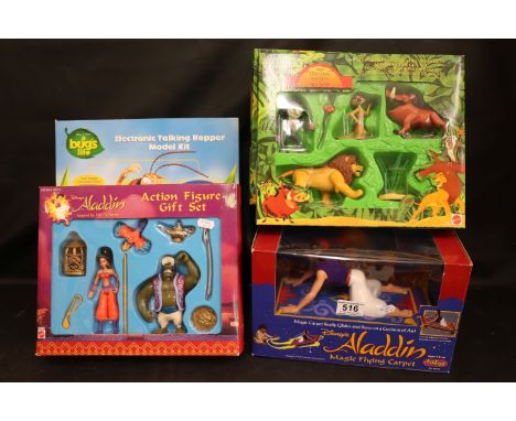 Five boxed Disney figure sets to include Mattel Aladdin Action Figure Gift Set, JusToys Aladdin Magic Flying Carpet, Mattel L